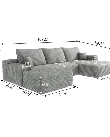 107" Gray Corduroy Modular Compression Foam Sofa With Ottoman And Toss Pillows
