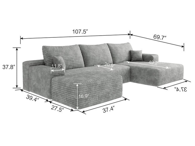107" Gray Corduroy Modular Compression Foam Sofa With Ottoman And Toss Pillows