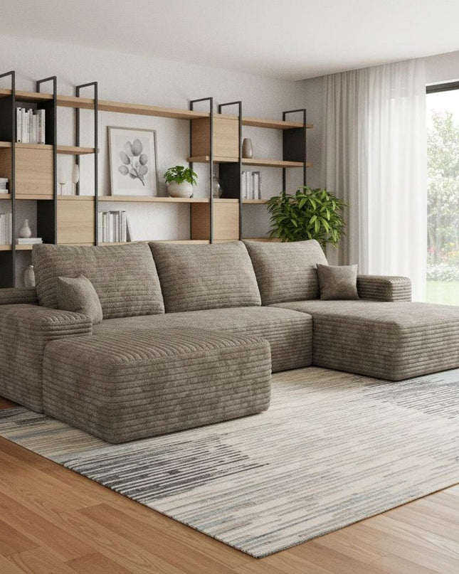 107" Camel Corduroy Modular Compression Foam Sofa With Ottoman And Toss Pillows