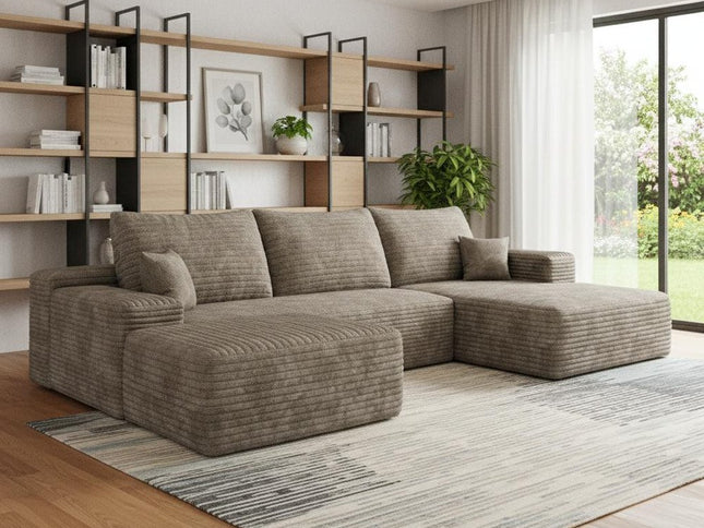 107" Camel Corduroy Modular Compression Foam Sofa With Ottoman And Toss Pillows