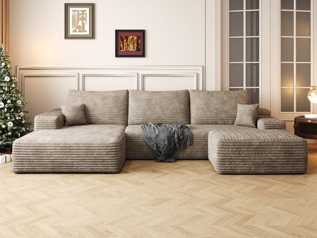 107" Camel Corduroy Modular Compression Foam Sofa With Ottoman And Toss Pillows