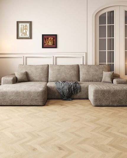 107" Camel Corduroy Modular Compression Foam Sofa With Ottoman And Toss Pillows