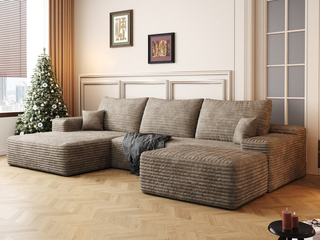 107" Camel Corduroy Modular Compression Foam Sofa With Ottoman And Toss Pillows