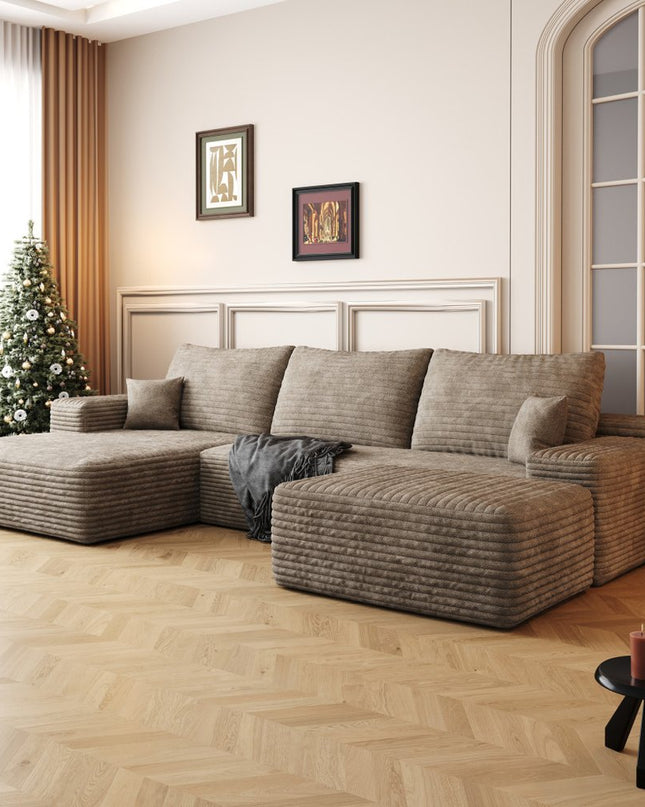 107" Camel Corduroy Modular Compression Foam Sofa With Ottoman And Toss Pillows