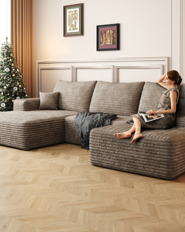 107" Camel Corduroy Modular Compression Foam Sofa With Ottoman And Toss Pillows