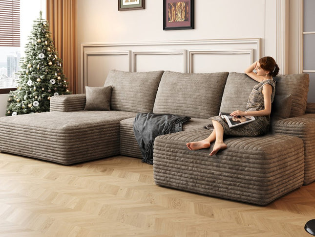 107" Camel Corduroy Modular Compression Foam Sofa With Ottoman And Toss Pillows