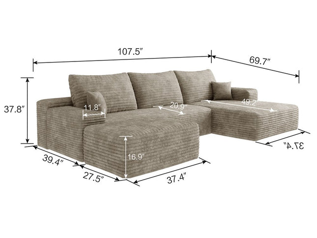 107" Camel Corduroy Modular Compression Foam Sofa With Ottoman And Toss Pillows