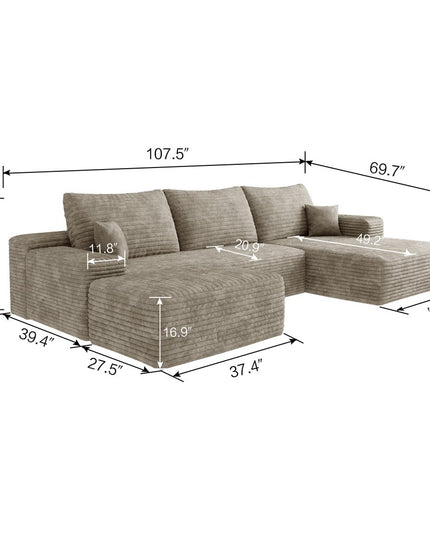 107" Camel Corduroy Modular Compression Foam Sofa With Ottoman And Toss Pillows