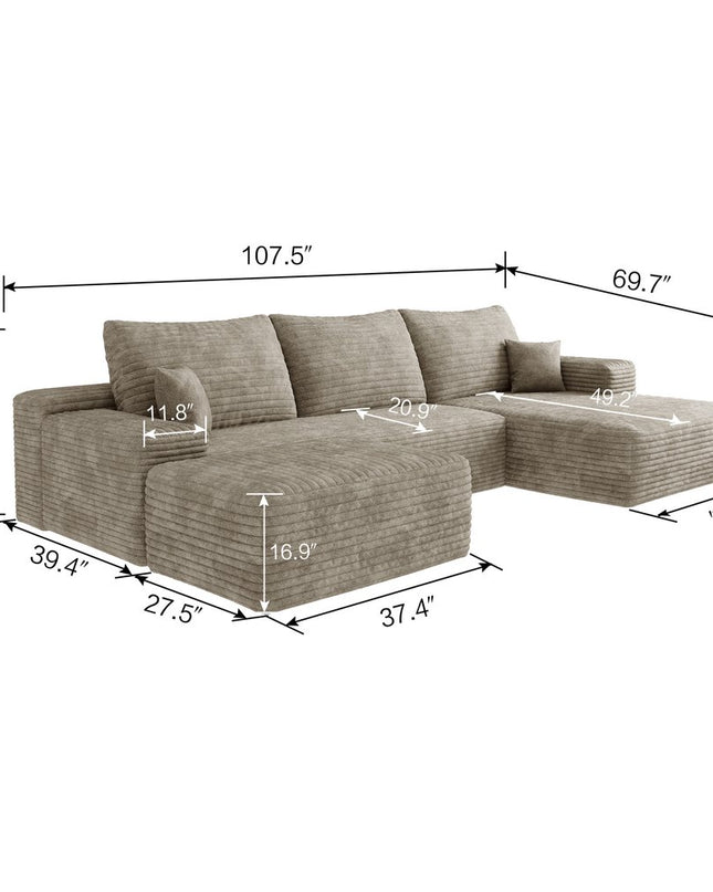 107" Camel Corduroy Modular Compression Foam Sofa With Ottoman And Toss Pillows