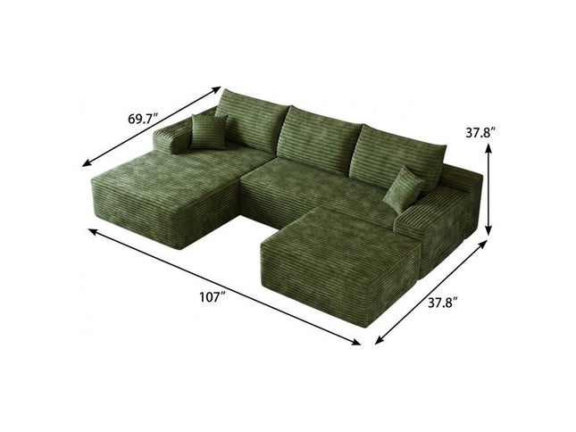 107" Green Corduroy Modular Compression Foam Sofa With Ottoman And Toss Pillows