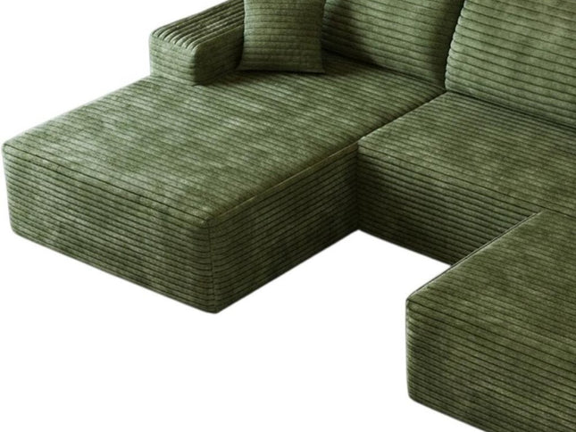 107" Green Corduroy Modular Compression Foam Sofa With Ottoman And Toss Pillows