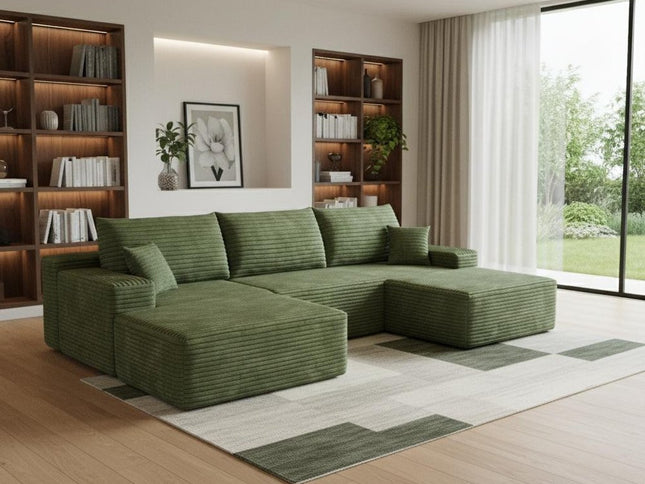 107" Green Corduroy Modular Compression Foam Sofa With Ottoman And Toss Pillows