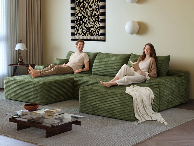 107" Green Corduroy Modular Compression Foam Sofa With Ottoman And Toss Pillows