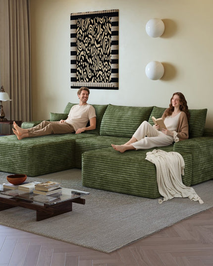 107" Green Corduroy Modular Compression Foam Sofa With Ottoman And Toss Pillows