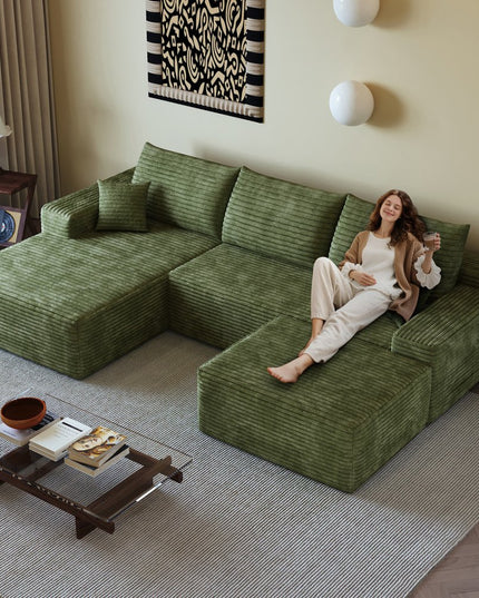 107" Green Corduroy Modular Compression Foam Sofa With Ottoman And Toss Pillows