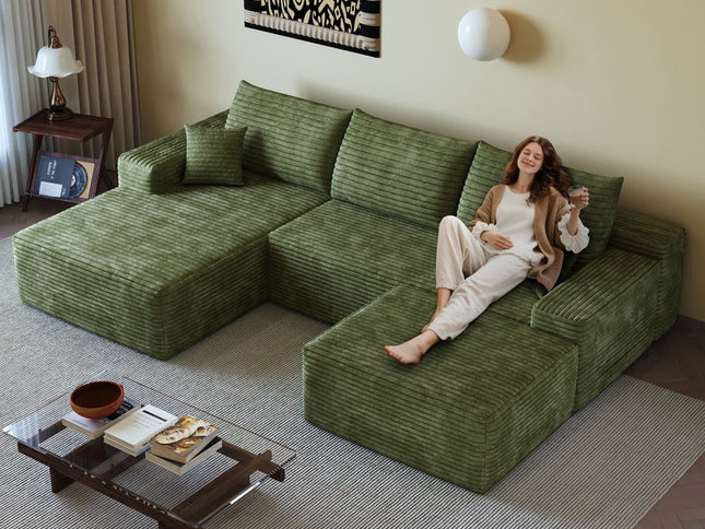 107" Green Corduroy Modular Compression Foam Sofa With Ottoman And Toss Pillows
