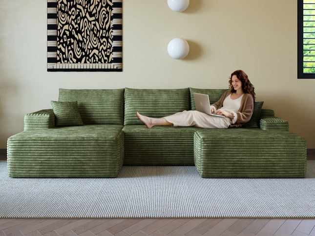 107" Green Corduroy Modular Compression Foam Sofa With Ottoman And Toss Pillows