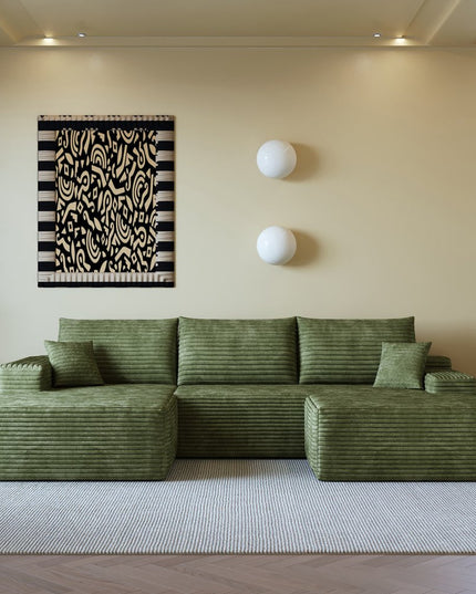 107" Green Corduroy Modular Compression Foam Sofa With Ottoman And Toss Pillows