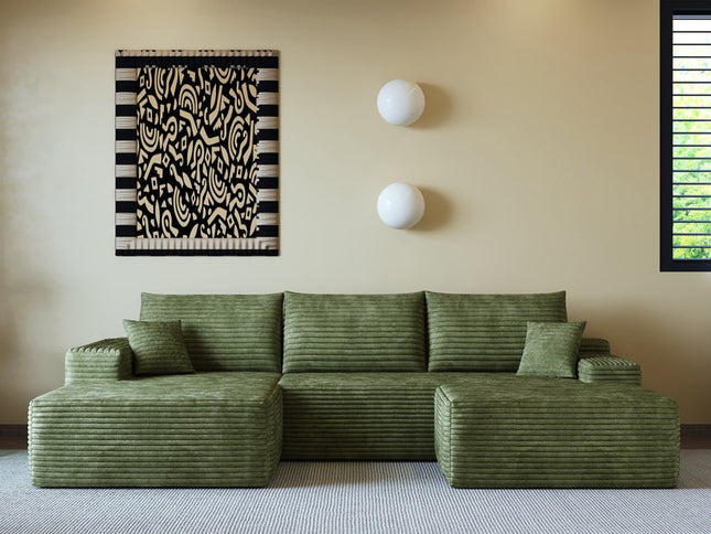 107" Green Corduroy Modular Compression Foam Sofa With Ottoman And Toss Pillows