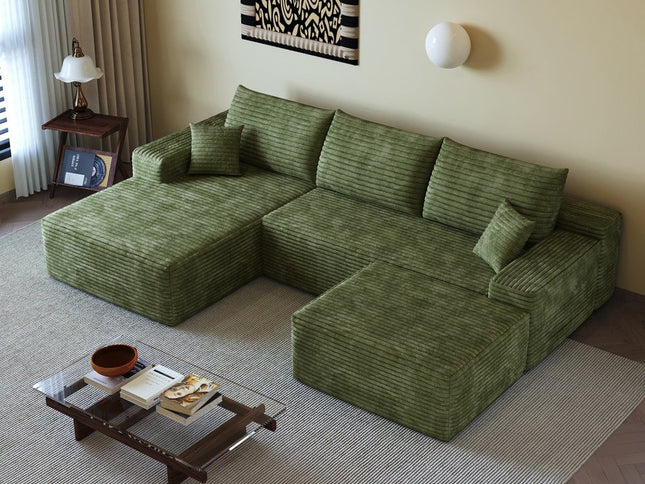 107" Green Corduroy Modular Compression Foam Sofa With Ottoman And Toss Pillows
