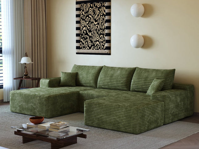 107" Green Corduroy Modular Compression Foam Sofa With Ottoman And Toss Pillows