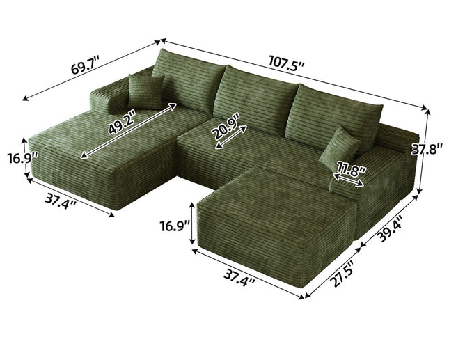 107" Green Corduroy Modular Compression Foam Sofa With Ottoman And Toss Pillows