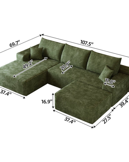 107" Green Corduroy Modular Compression Foam Sofa With Ottoman And Toss Pillows