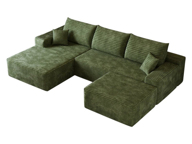 107" Green Corduroy Modular Compression Foam Sofa With Ottoman And Toss Pillows