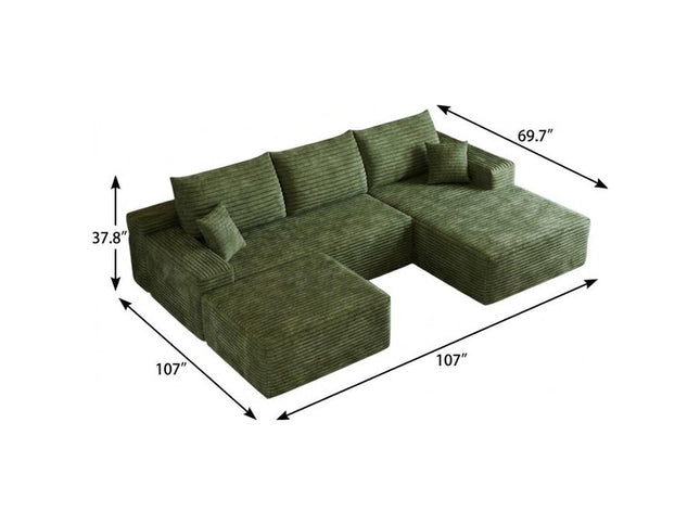 107" Green Corduroy Modular Compression Foam Sofa With Ottoman And Toss Pillows