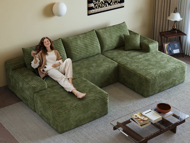 107" Green Corduroy Modular Compression Foam Sofa With Ottoman And Toss Pillows