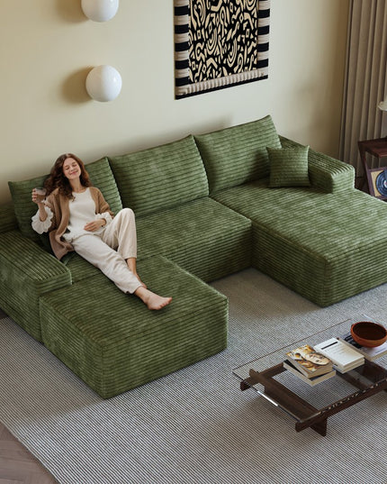 107" Green Corduroy Modular Compression Foam Sofa With Ottoman And Toss Pillows