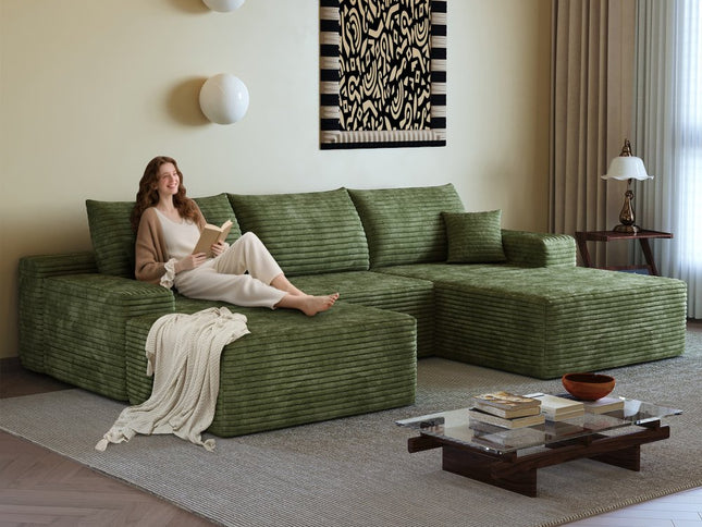 107" Green Corduroy Modular Compression Foam Sofa With Ottoman And Toss Pillows