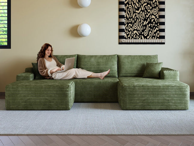 107" Green Corduroy Modular Compression Foam Sofa With Ottoman And Toss Pillows
