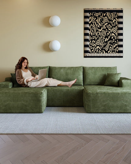 107" Green Corduroy Modular Compression Foam Sofa With Ottoman And Toss Pillows