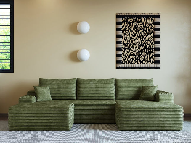 107" Green Corduroy Modular Compression Foam Sofa With Ottoman And Toss Pillows