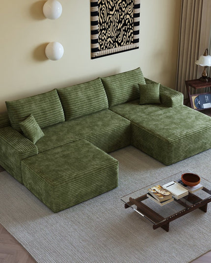 107" Green Corduroy Modular Compression Foam Sofa With Ottoman And Toss Pillows