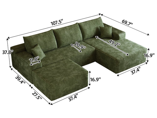 107" Green Corduroy Modular Compression Foam Sofa With Ottoman And Toss Pillows