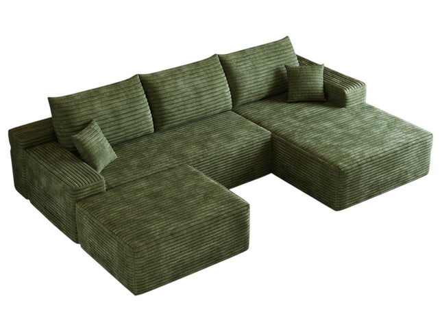 107" Green Corduroy Modular Compression Foam Sofa With Ottoman And Toss Pillows