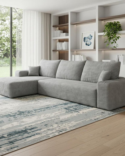 107" Gray Corduroy Modular Compression Foam Sofa With Toss Pillows