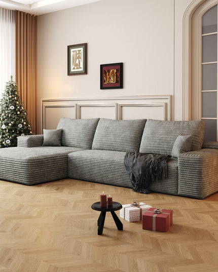 107" Gray Corduroy Modular Compression Foam Sofa With Toss Pillows