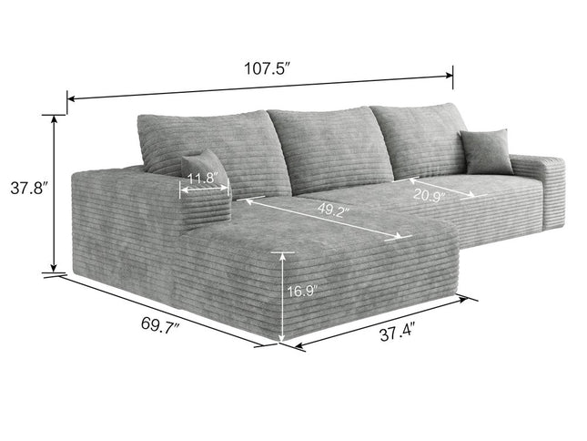 107" Gray Corduroy Modular Compression Foam Sofa With Toss Pillows