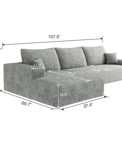 107" Gray Corduroy Modular Compression Foam Sofa With Toss Pillows