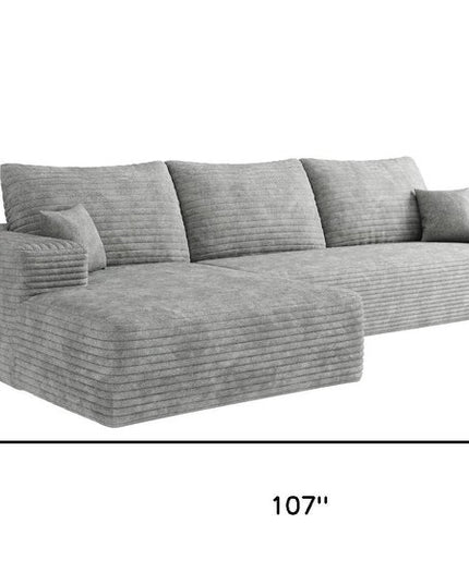 107" Gray Corduroy Modular Compression Foam Sofa With Toss Pillows