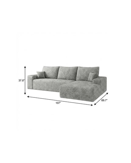 107" Gray Corduroy Modular Compression Foam Sofa With Toss Pillows