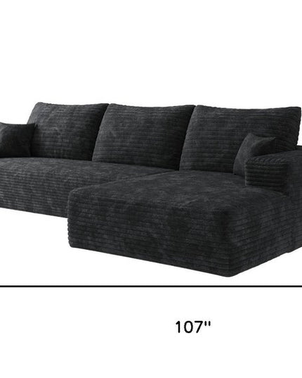 107" Black Corduroy Modular Compression Foam Sofa With Toss Pillows
