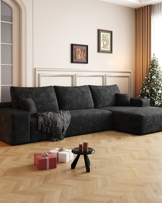 107" Black Corduroy Modular Compression Foam Sofa With Toss Pillows