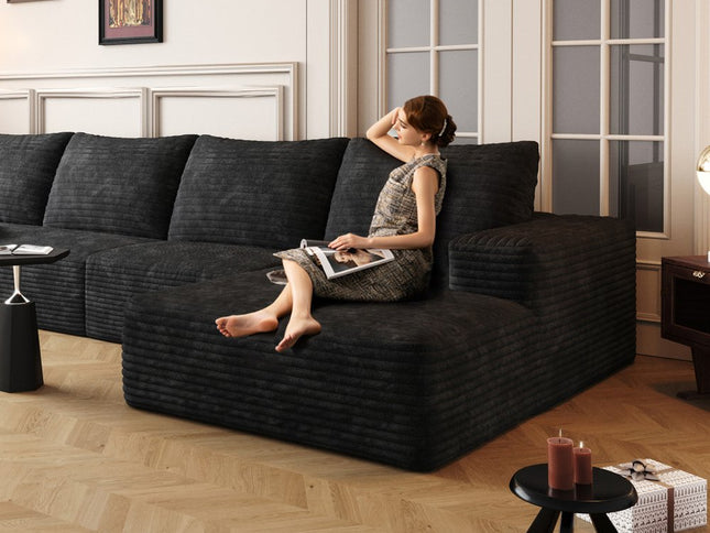 107" Black Corduroy Modular Compression Foam Sofa With Toss Pillows