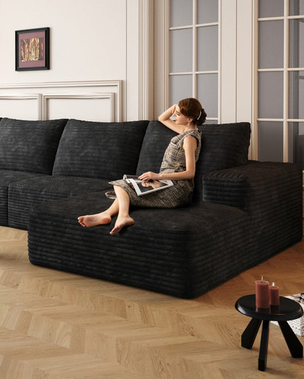 107" Black Corduroy Modular Compression Foam Sofa With Toss Pillows