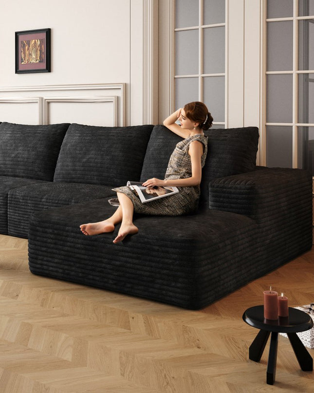 107" Black Corduroy Modular Compression Foam Sofa With Toss Pillows