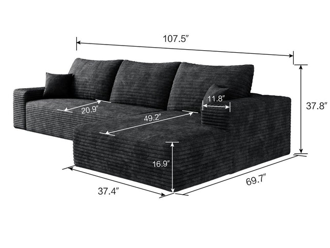 107" Black Corduroy Modular Compression Foam Sofa With Toss Pillows